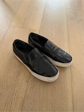 Celine Black Slip-On Leather Loafers with White Sole